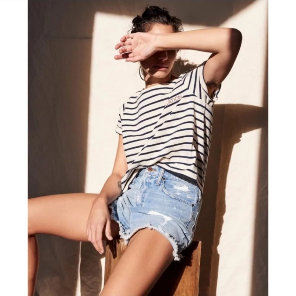 MADEWELL Staycation Embroidered Boxy Blue Ecru Stripe Tee NWT - Picture 6 of 11